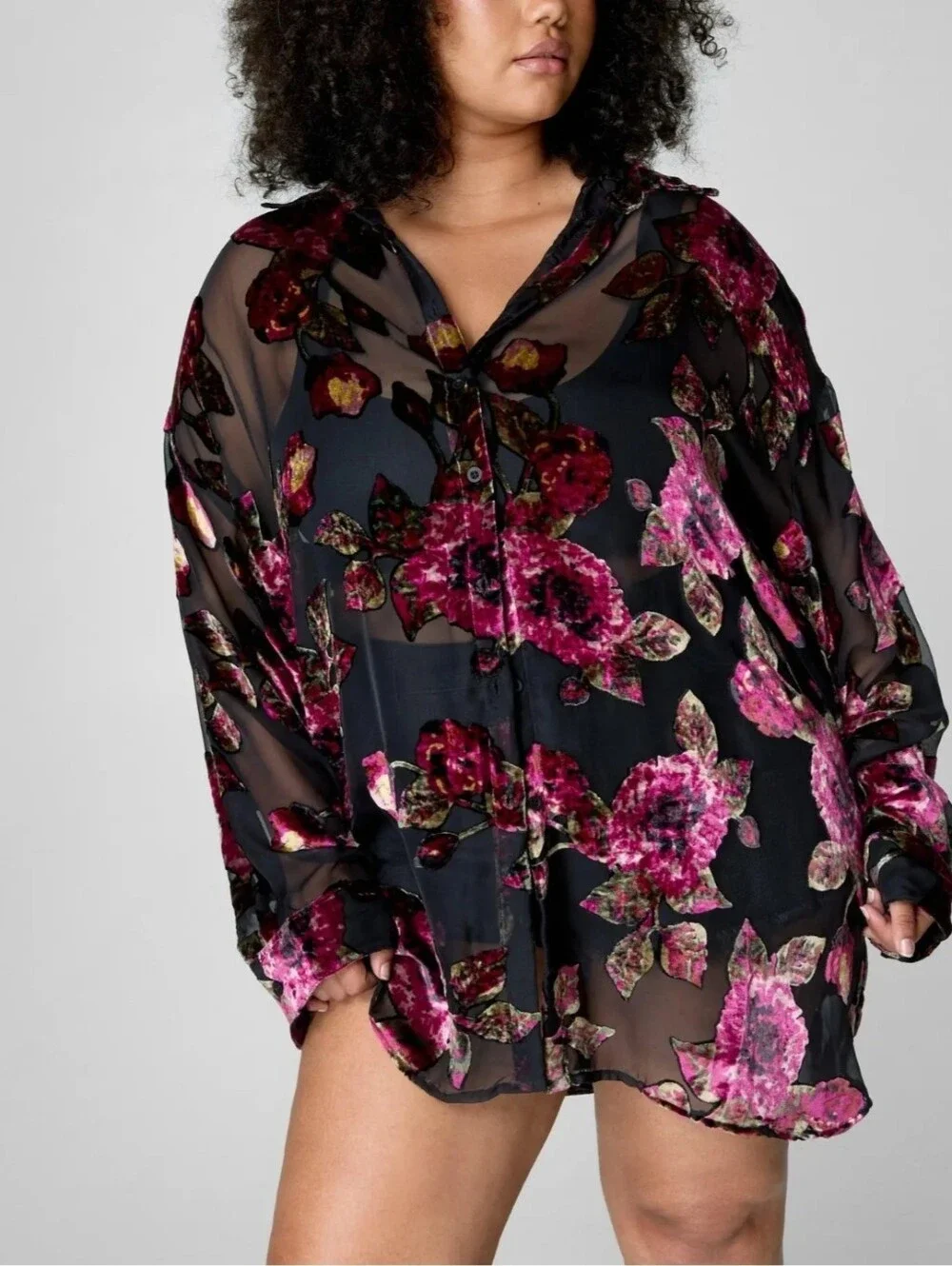 Nasty Gal Black Sheer Tunic with Magenta Floral Burnout Size 8 Oversize
